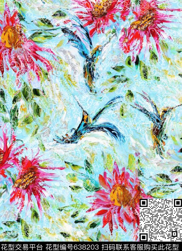 花鸟水彩雏菊数码印花花型下载（图片编号: 638203） - 瓦栏（Walan）