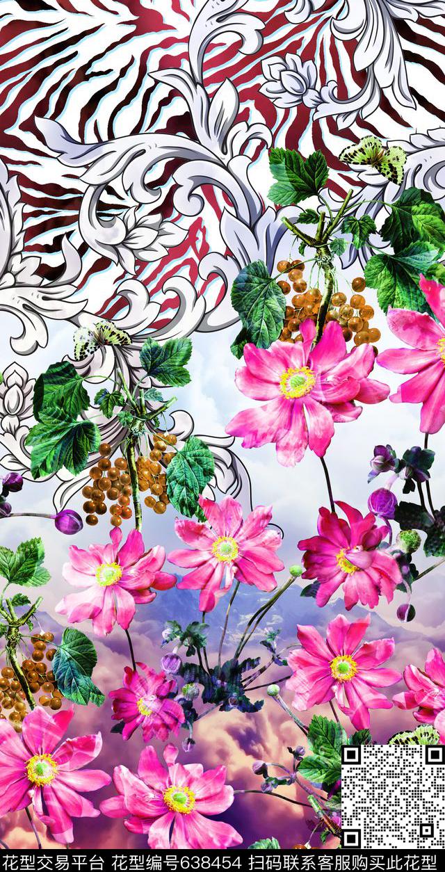 花卉、巴洛克花纹、斑马纹、云彩底纹定位花数码印花花型下载（图片编号: 638454） - 瓦栏（Walan）