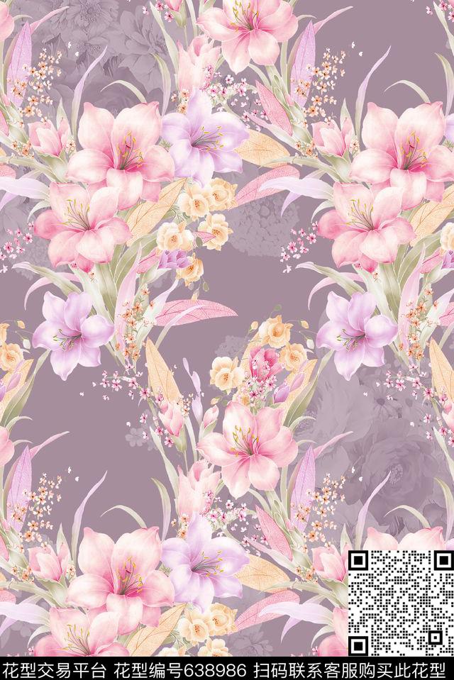 树叶大花花朵数码印花花型下载（图片编号: 638986） - 瓦栏（Walan）