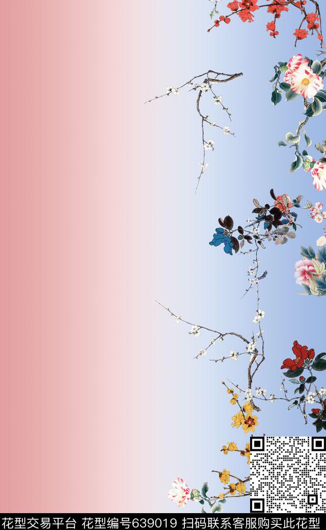 梅花花卉围巾数码印花花型下载（图片编号: 639019） - 瓦栏（Walan）
