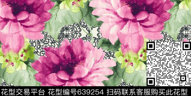 蕾丝底纹水彩牧丹花数码印花花型下载（图片编号: 639254） - 瓦栏（Walan）