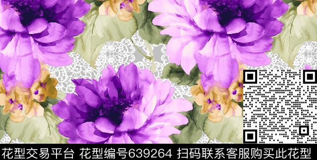 蕾丝底纹水彩牧丹花数码印花花型下载（图片编号: 639264） - 瓦栏（Walan）