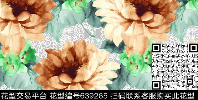 蕾丝底纹水彩牧丹花数码印花花型下载（图片编号: 639265） - 瓦栏（Walan）