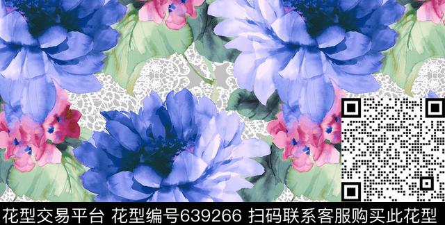 蕾丝底纹水彩牧丹花数码印花花型下载（图片编号: 639266） - 瓦栏（Walan）