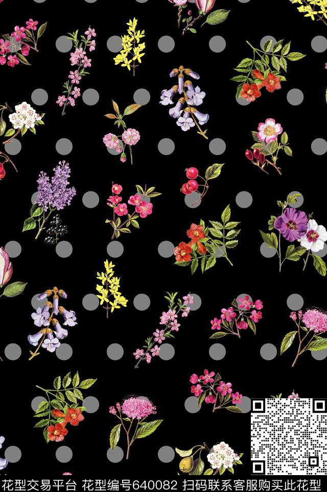简欧花卉波点数码印花花型下载（图片编号: 640082） - 瓦栏（Walan）