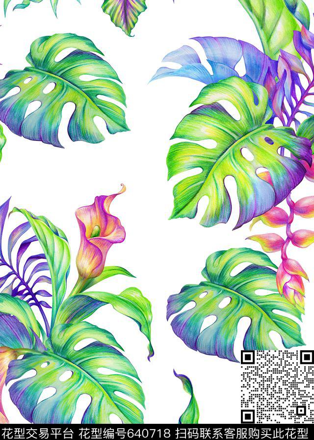 简约芭蕉叶棕树叶.jpg - 640718 - 棕榈叶 热带 芭蕉叶 - 数码印花花型 － 女装花型设计 － 瓦栏