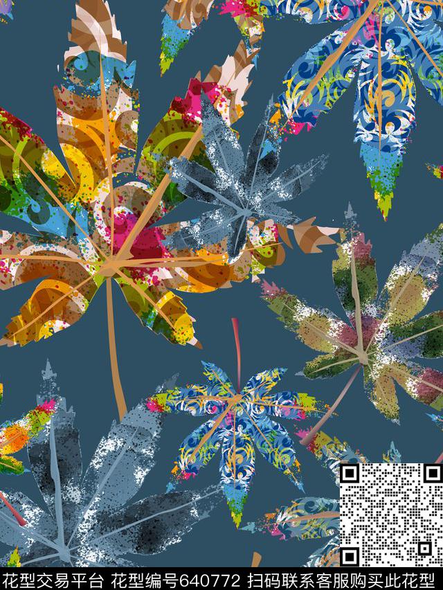 树叶数码印花花型下载（图片编号: 640772） - 瓦栏（Walan）