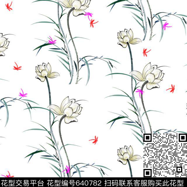 中国风－水墨竹荷花蜻蜓.jpg - 640782 - 中国风 蜻蜓 荷花 - 数码印花花型 － 女装花型设计 － 瓦栏