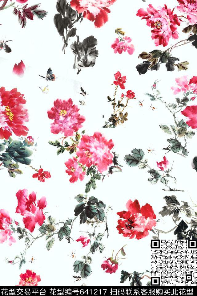 牡丹花卉传统传统印花花型下载（图片编号: 641217） - 瓦栏（Walan）