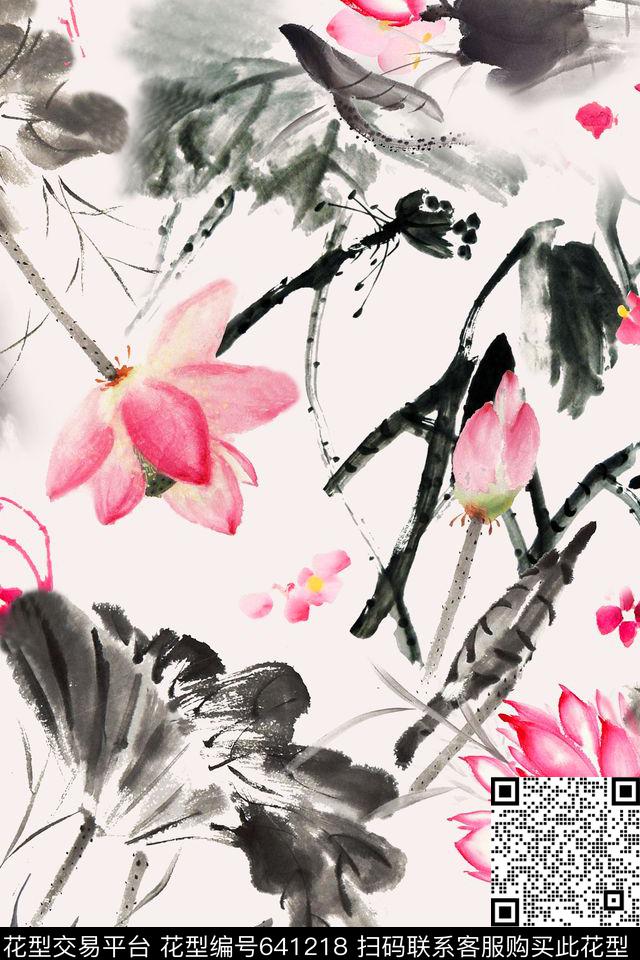 水墨荷花数码印花花型下载（图片编号: 641218） - 瓦栏（Walan）
