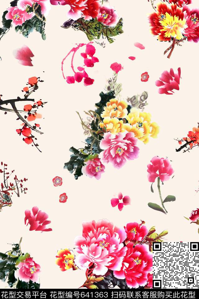 牡丹花卉传统数码印花花型下载（图片编号: 641363） - 瓦栏（Walan）