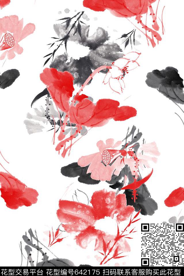WL609.jpg - 642175 - 荷花 国画 花卉 - 数码印花花型 － 女装花型设计 － 瓦栏