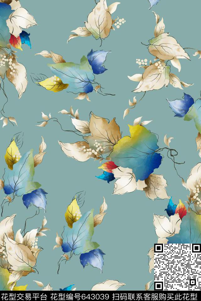 五彩叶子线描数码印花花型下载（图片编号: 643039） - 瓦栏（Walan）