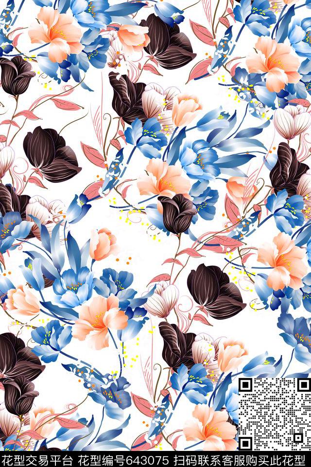 清爽手绘叶子数码印花花型下载（图片编号: 643075） - 瓦栏（Walan）
