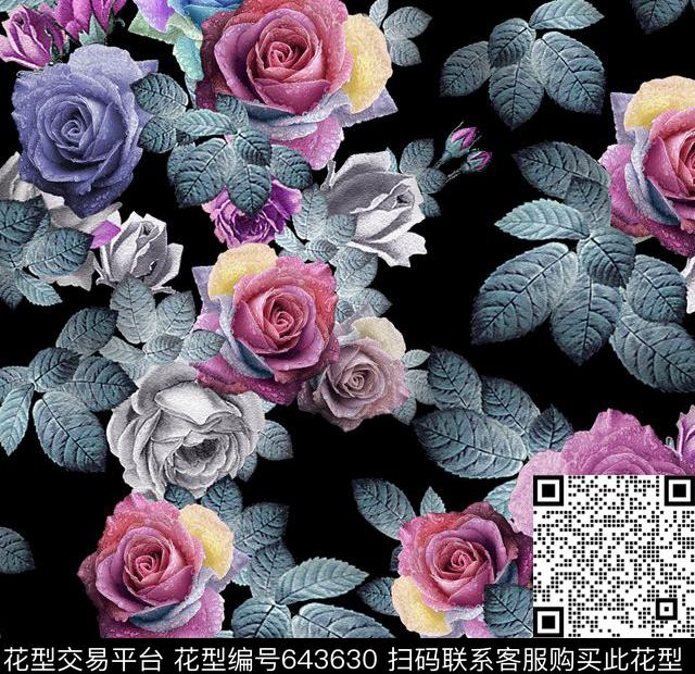 玫瑰花朵花卉数码印花花型下载（图片编号: 643630） - 瓦栏（Walan）
