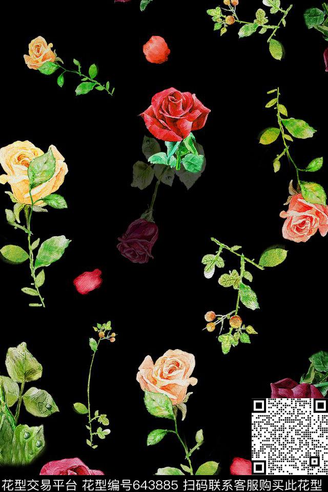 女装玫瑰花优雅数码印花花型下载（图片编号: 643885） - 瓦栏（Walan）