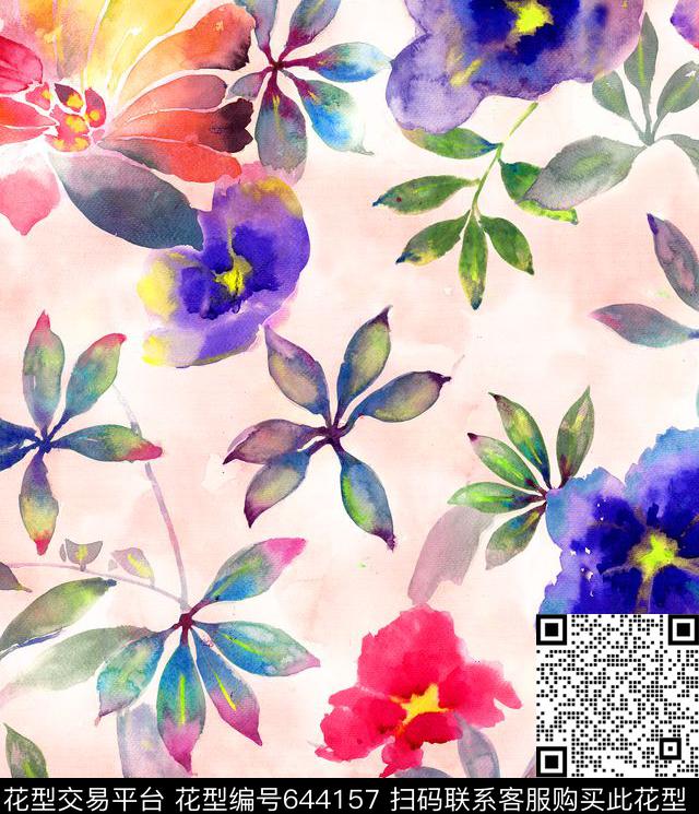 手绘花数码印花花型下载（图片编号: 644157） - 瓦栏（Walan）