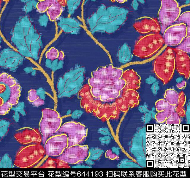 植物手绘花花卉数码印花花型下载（图片编号: 644193） - 瓦栏（Walan）