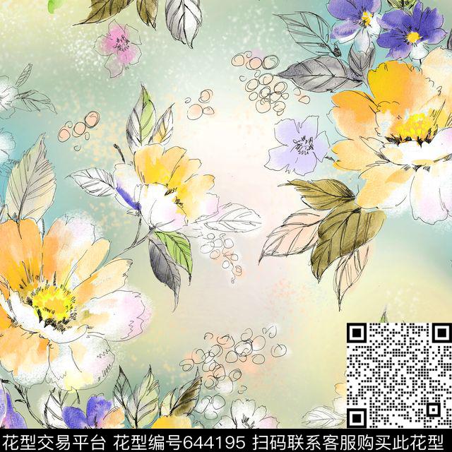 植物手绘花花卉数码印花花型下载（图片编号: 644195） - 瓦栏（Walan）