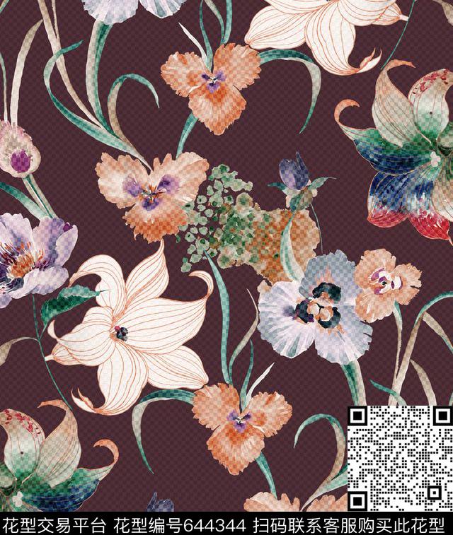 手绘花数码印花花型下载（图片编号: 644344） - 瓦栏（Walan）