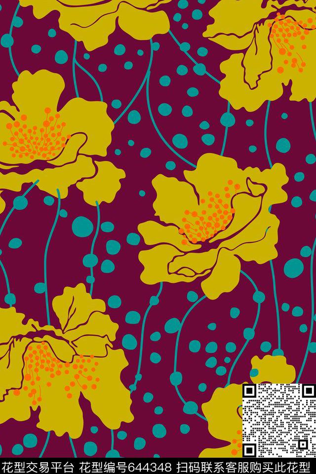 手绘·自然纹理大花花卉传统印花花型下载（图片编号: 644348） - 瓦栏（Walan）
