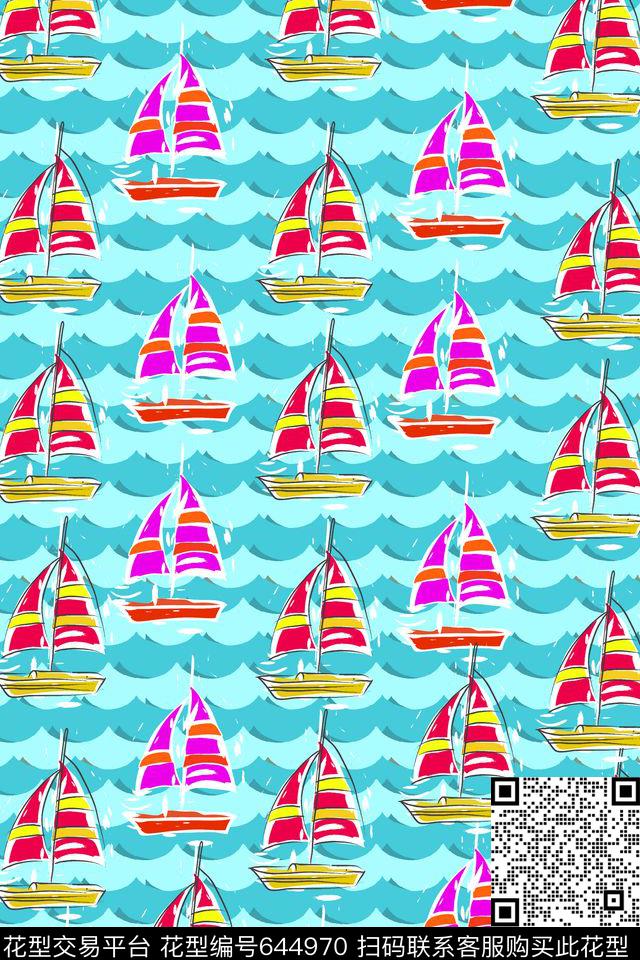 时尚手绘卡通帆船海洋.jpg - 644970 - 海洋帆船 虾 螃蟹 - 传统印花花型 － 童装花型设计 － 瓦栏