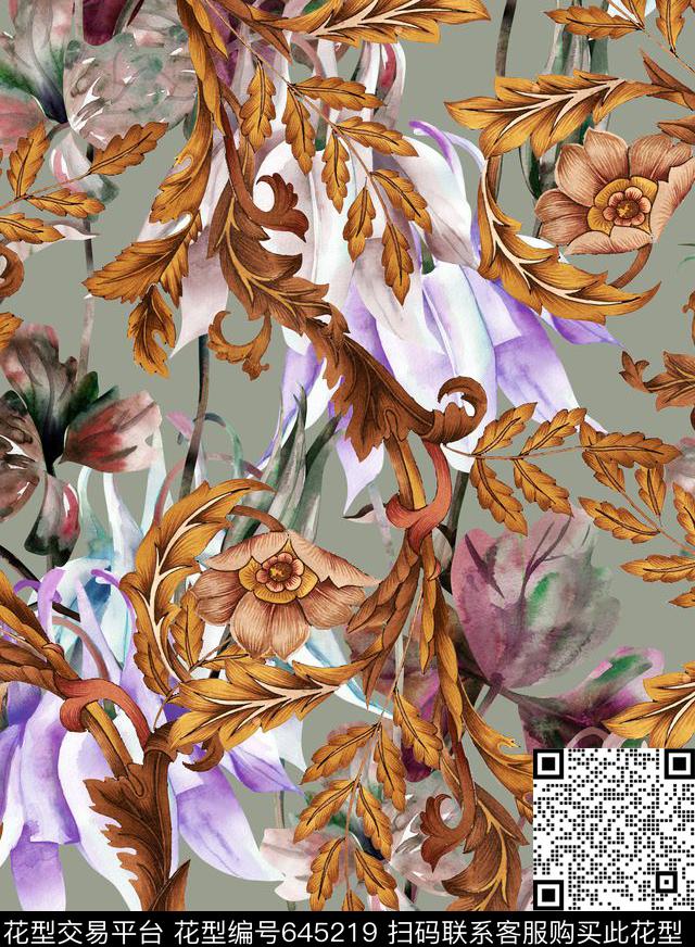 手绘花卉金属数码印花花型下载（图片编号: 645219） - 瓦栏（Walan）