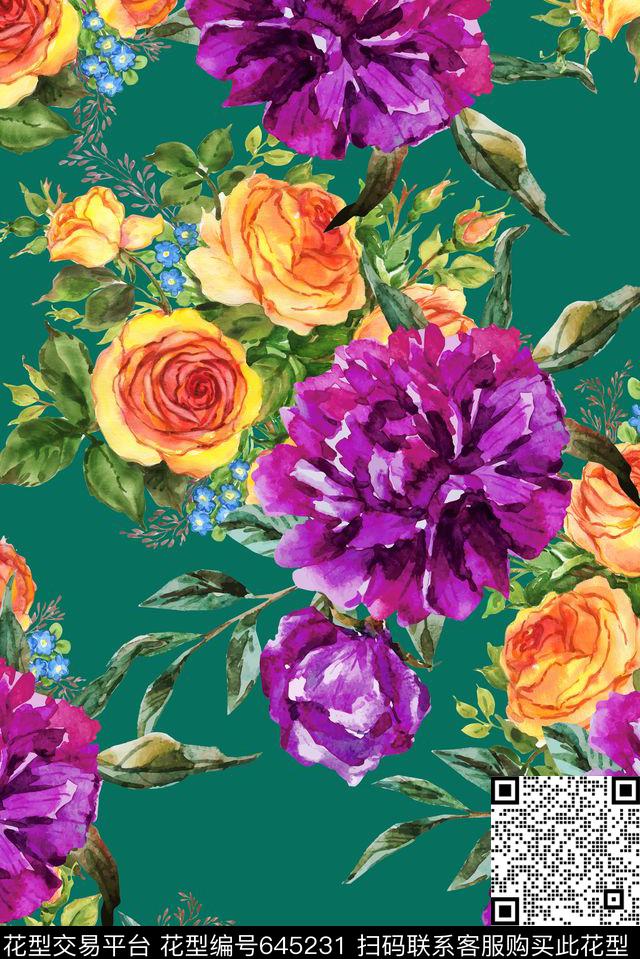 大朵手绘水彩数码印花花型下载（图片编号: 645231） - 瓦栏（Walan）