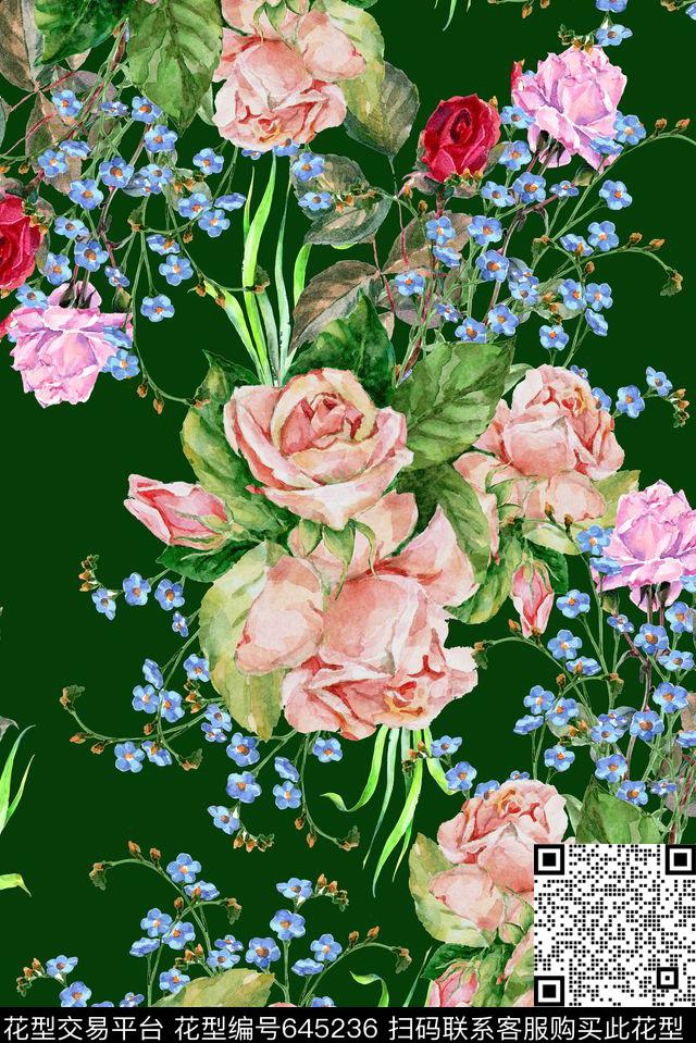 藏青手绘花卉数码印花花型下载（图片编号: 645236） - 瓦栏（Walan）