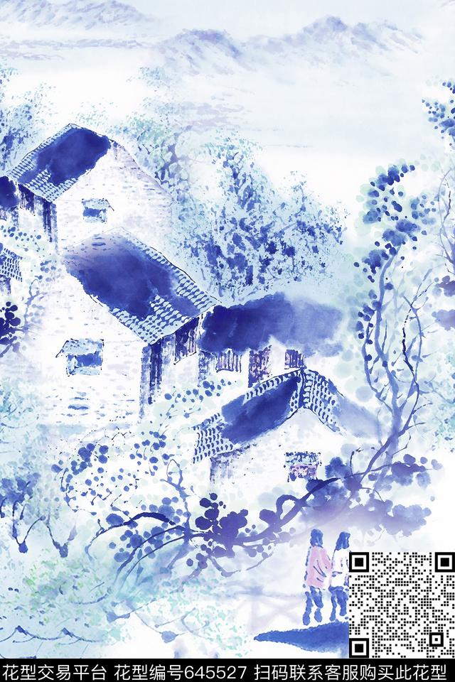 女装水墨风格房屋数码印花花型下载（图片编号: 645527） - 瓦栏（Walan）