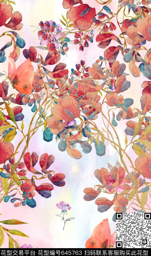 定位手绘水彩数码印花花型下载（图片编号: 645763） - 瓦栏（Walan）