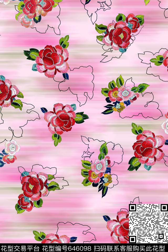 绣花女装勾线数码印花花型下载（图片编号: 646098） - 瓦栏（Walan）