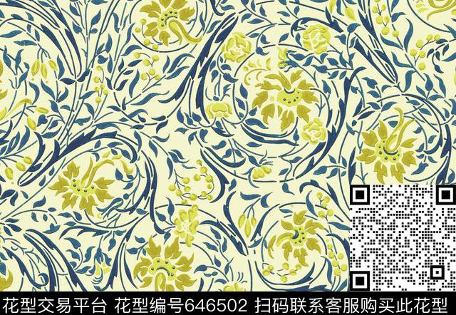 手绘宫廷风卷草纹数码印花花型下载（图片编号: 646502） - 瓦栏（Walan）