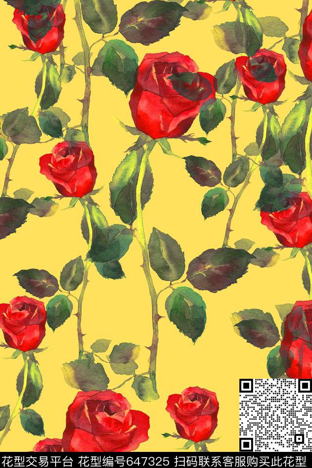 清爽玫瑰花数码印花花型下载（图片编号: 647325） - 瓦栏（Walan）