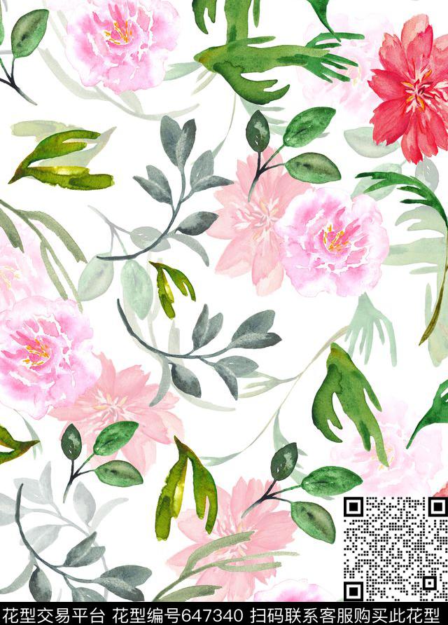 小碎花大花水彩数码印花花型下载（图片编号: 647340） - 瓦栏（Walan）