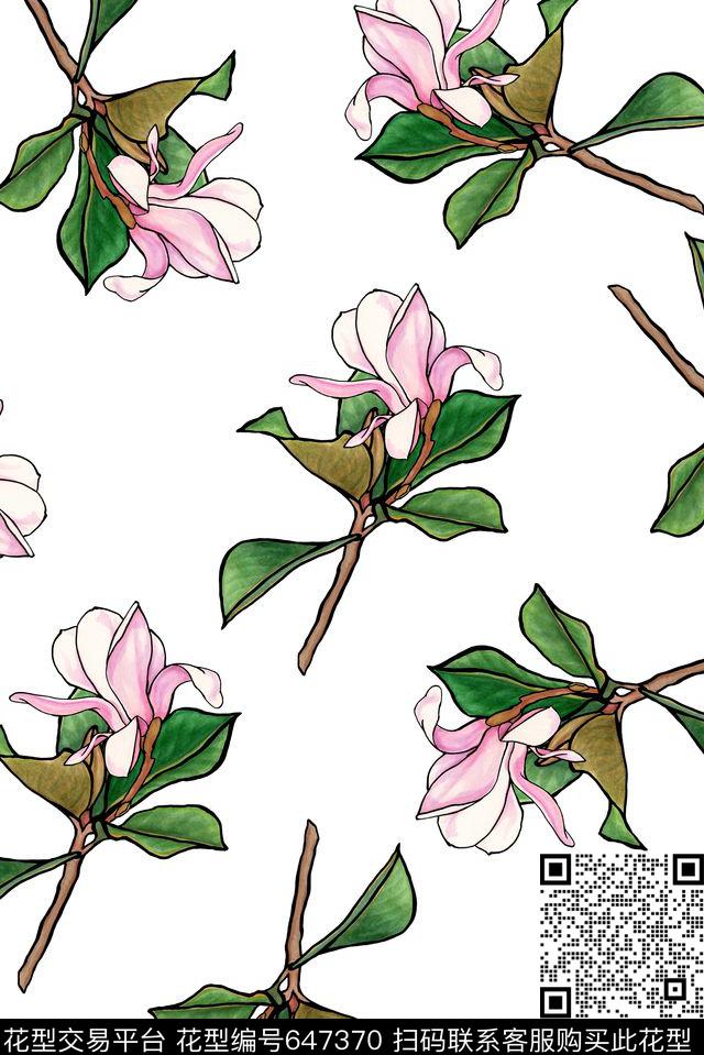 清爽郁金香树枝数码印花花型下载（图片编号: 647370） - 瓦栏（Walan）