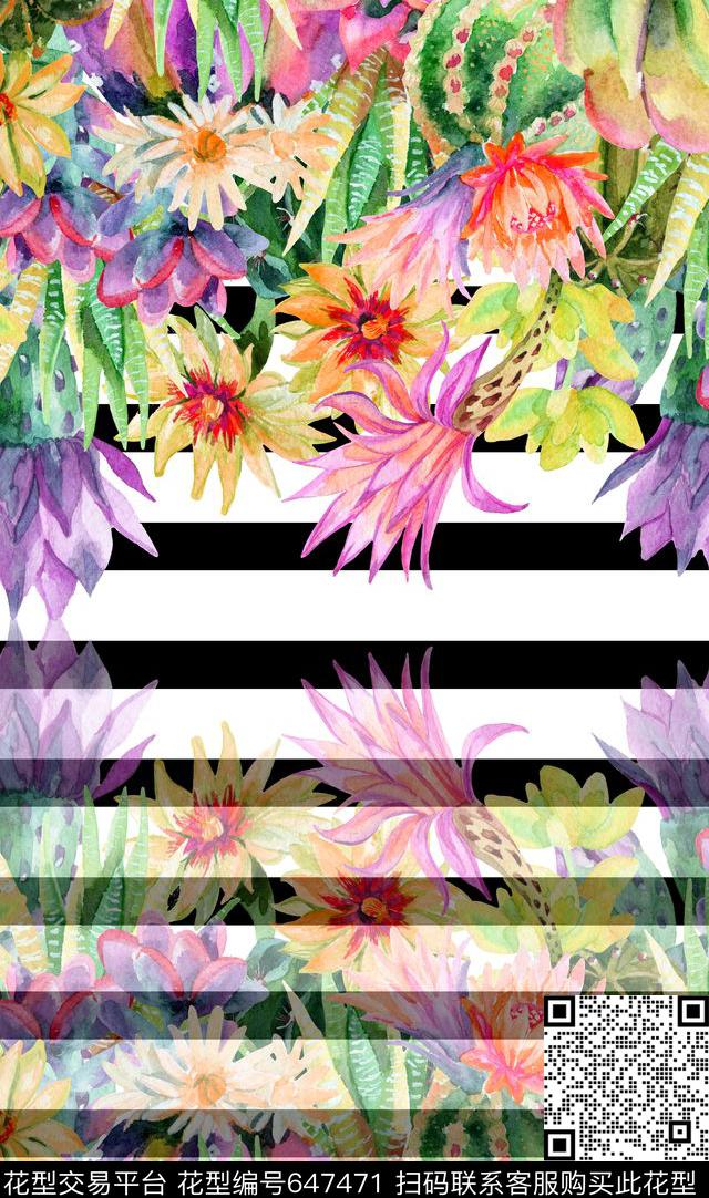 定位花条纹手绘数码印花花型下载（图片编号: 647471） - 瓦栏（Walan）