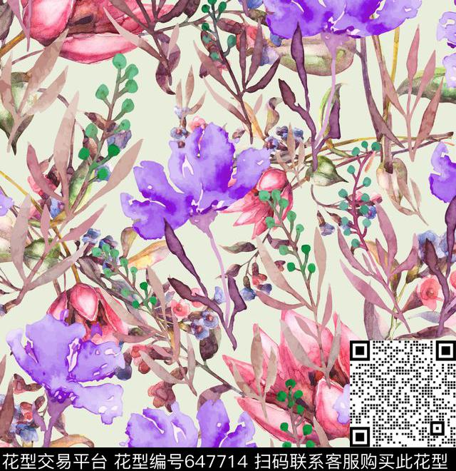 手绘花卉植物数码印花花型下载（图片编号: 647714） - 瓦栏（Walan）