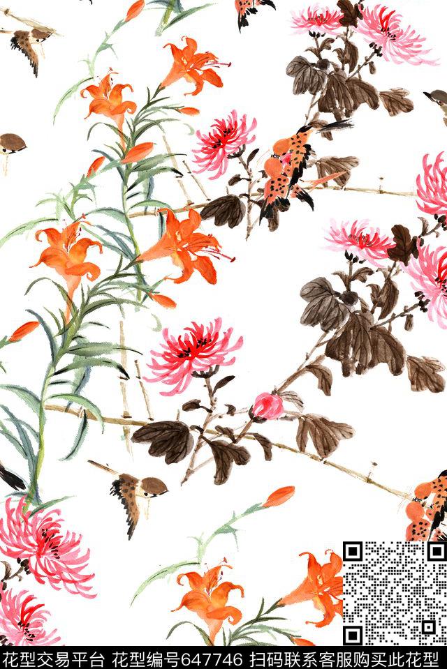 写意中国风菊花数码印花花型下载（图片编号: 647746） - 瓦栏（Walan）