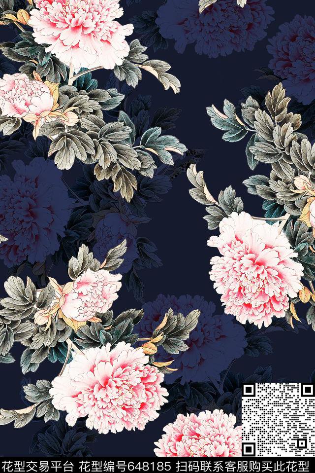 牡丹花朵中国风数码印花花型下载（图片编号: 648185） - 瓦栏（Walan）