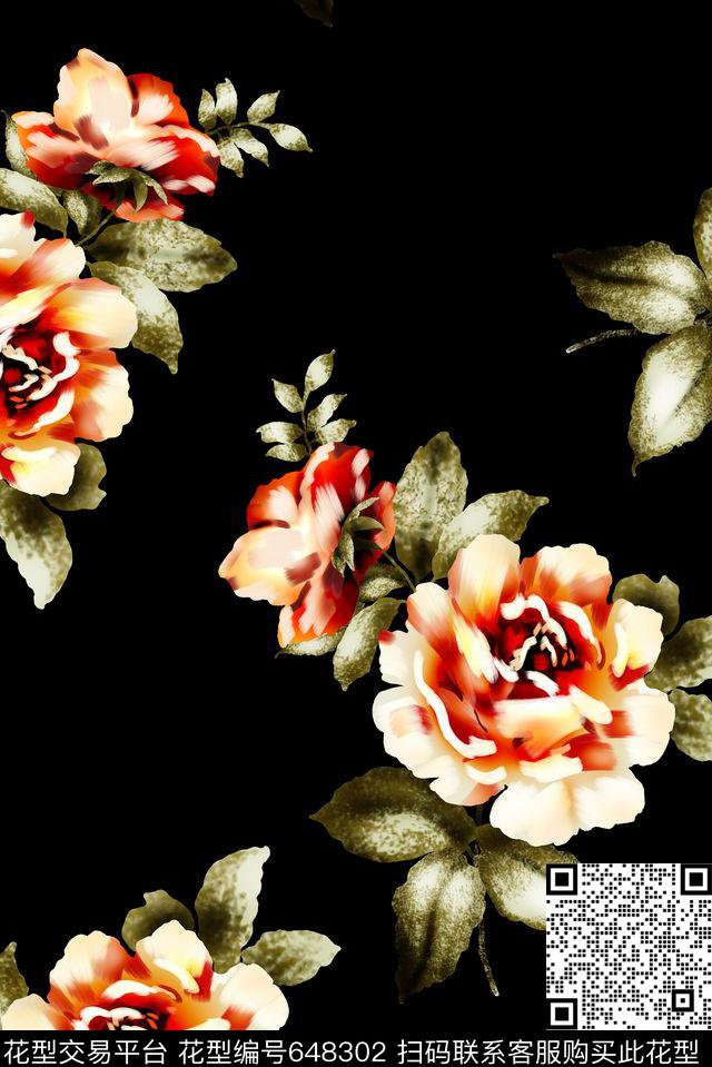 大朵复古手绘数码印花花型下载（图片编号: 648302） - 瓦栏（Walan）