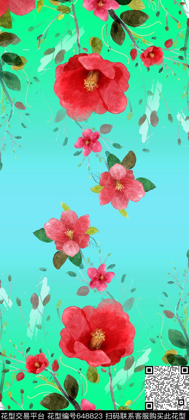 玫瑰大花花卉数码印花花型下载（图片编号: 648823） - 瓦栏（Walan）