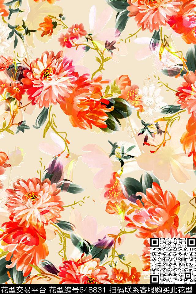 花卉手绘水彩数码印花花型下载（图片编号: 648831） - 瓦栏（Walan）