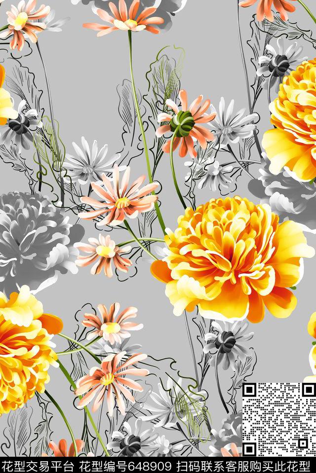 手绘菊花牡丹数码印花花型下载（图片编号: 648909） - 瓦栏（Walan）