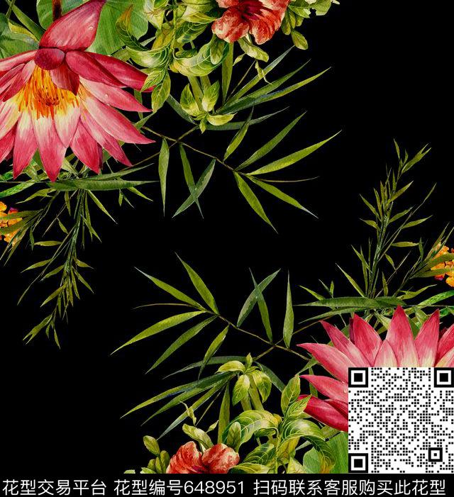 大朵荷花手绘数码印花花型下载（图片编号: 648951） - 瓦栏（Walan）