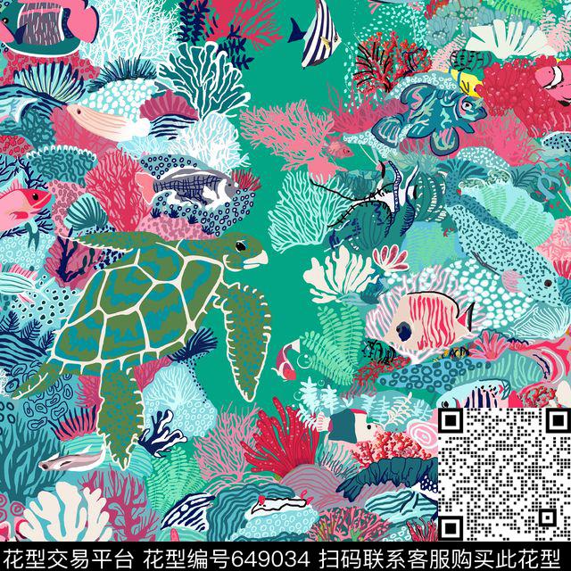 海底世界-4.jpg - 649034 - 海螺珊瑚花卉 海底世界 海洋生物 - 传统印花花型 － 方巾花型设计 － 瓦栏