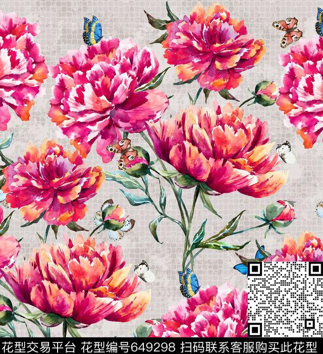 大幅手绘花卉数码印花花型下载（图片编号: 649298） - 瓦栏（Walan）