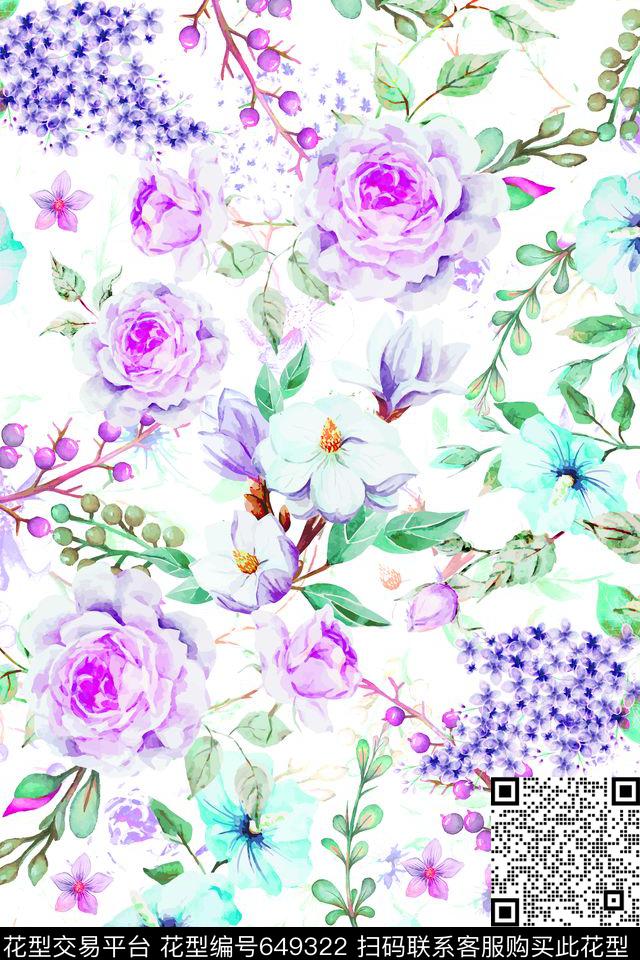ym100-6--.tif - 649322 - 手绘 水彩 花卉 - 数码印花花型 － 女装花型设计 － 瓦栏