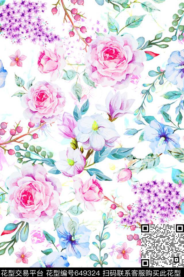 ym100-6.tif - 649324 - 手绘 水彩 花卉 - 数码印花花型 － 女装花型设计 － 瓦栏
