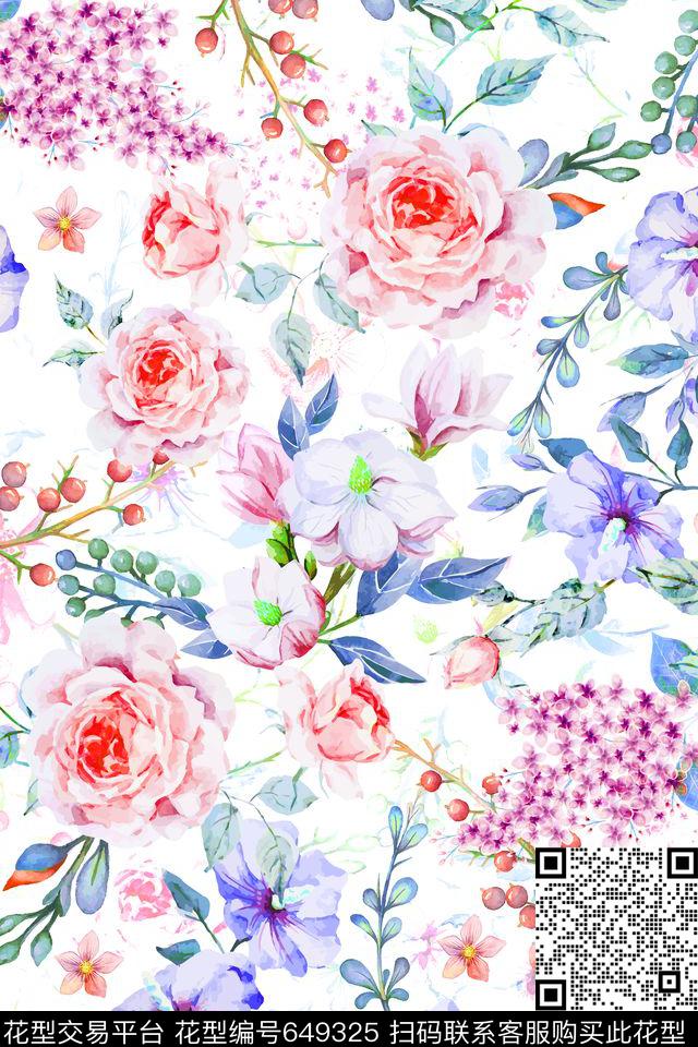 ym100-6-.tif - 649325 - 手绘 水彩 花卉 - 数码印花花型 － 女装花型设计 － 瓦栏